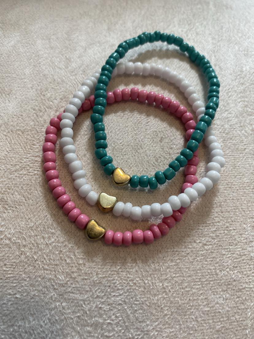 3 Colourful Beaded Bracelets On A Stretchy Cord with Gold Coloured Hearts