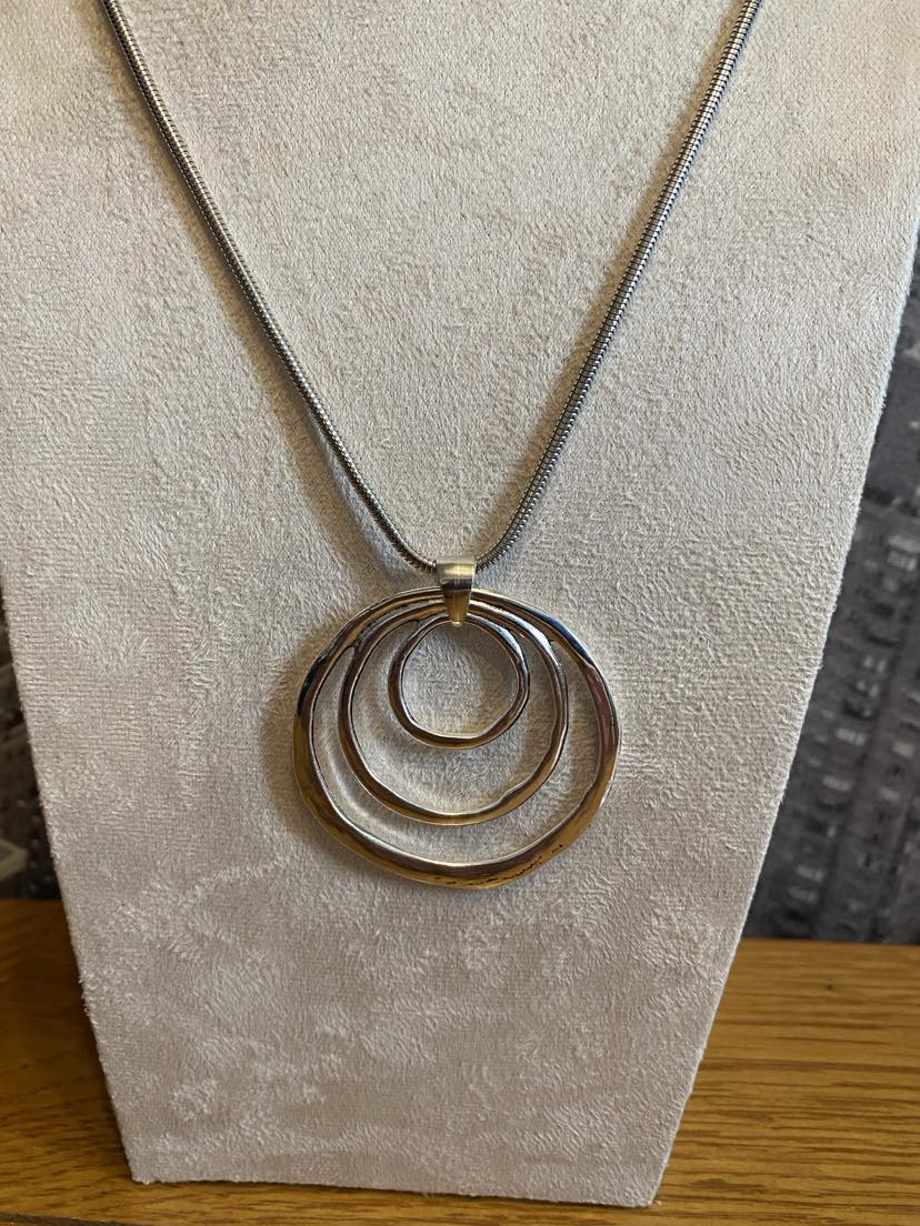 Triple Silver Coloured Ring Necklace on A Long Solid Chain