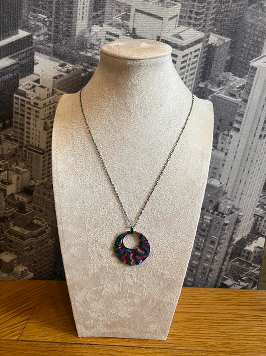 Rainbow Coloured Geometric Round Pendant On A Rainbow Effect Chain