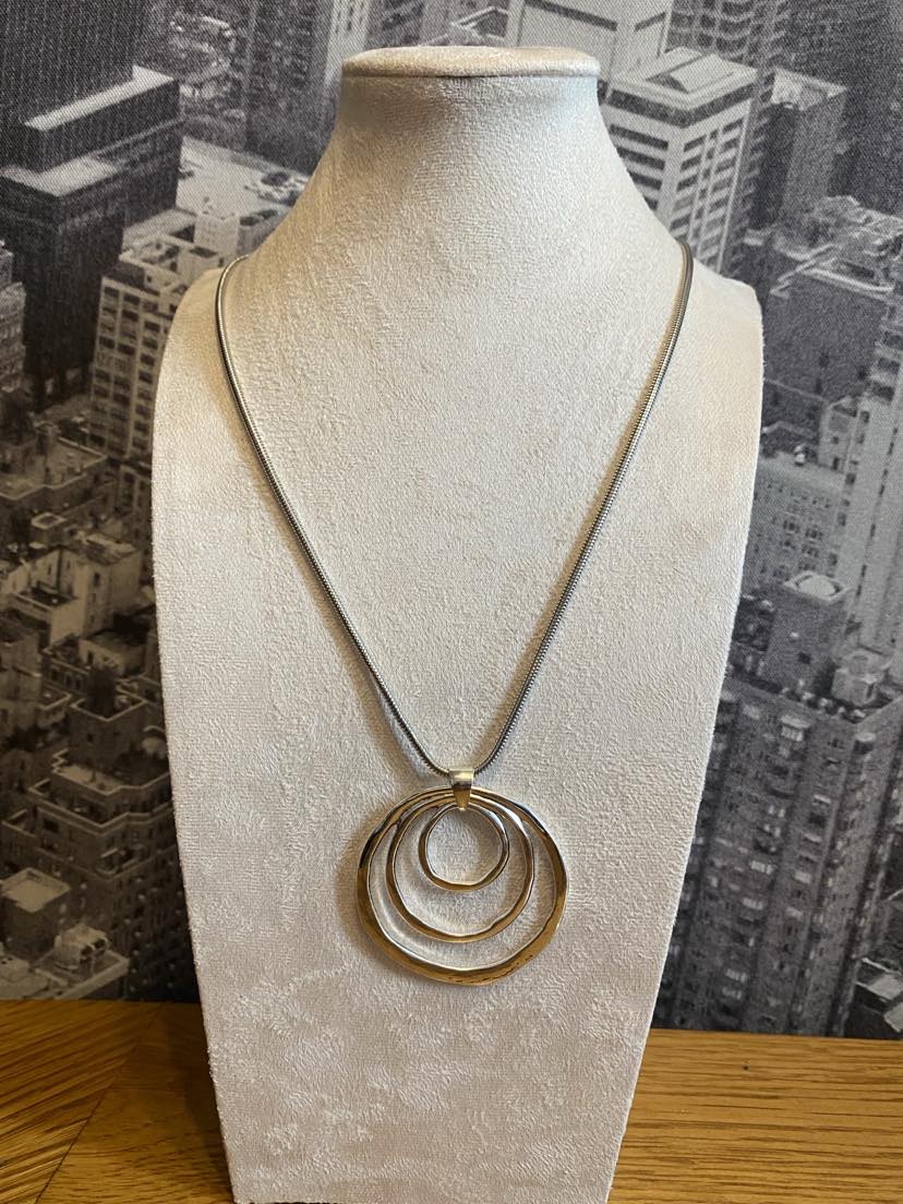 Triple Silver Coloured Ring Necklace on A Long Solid Chain