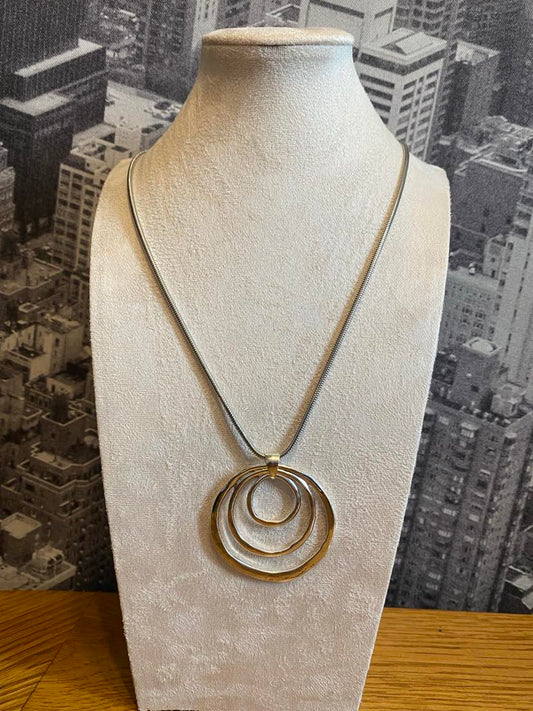 Triple Silver Coloured Ring Necklace on A Long Solid Chain