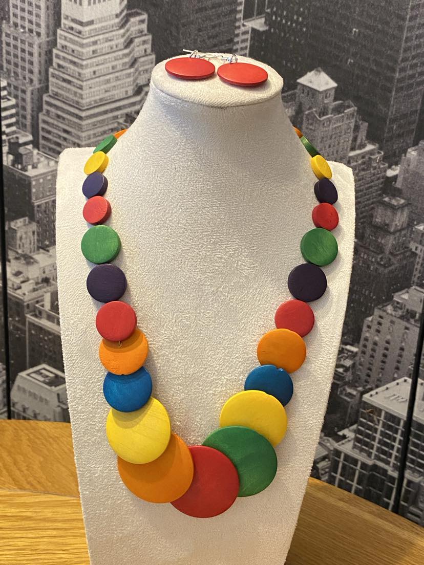 Colourful And Chunky Wooden Plate Necklace And Dangly Earring Set