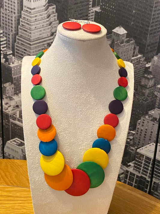 Colourful And Chunky Wooden Plate Necklace And Dangly Earring Set