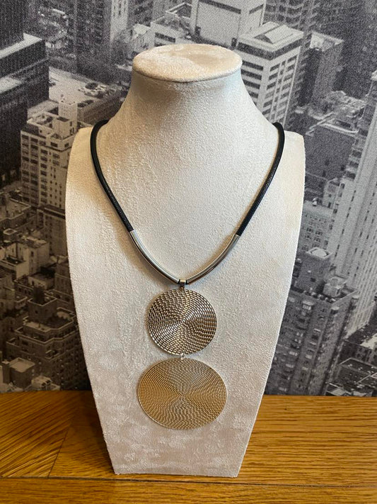 Stunning Double Disc Necklace On A Leather Look Cord